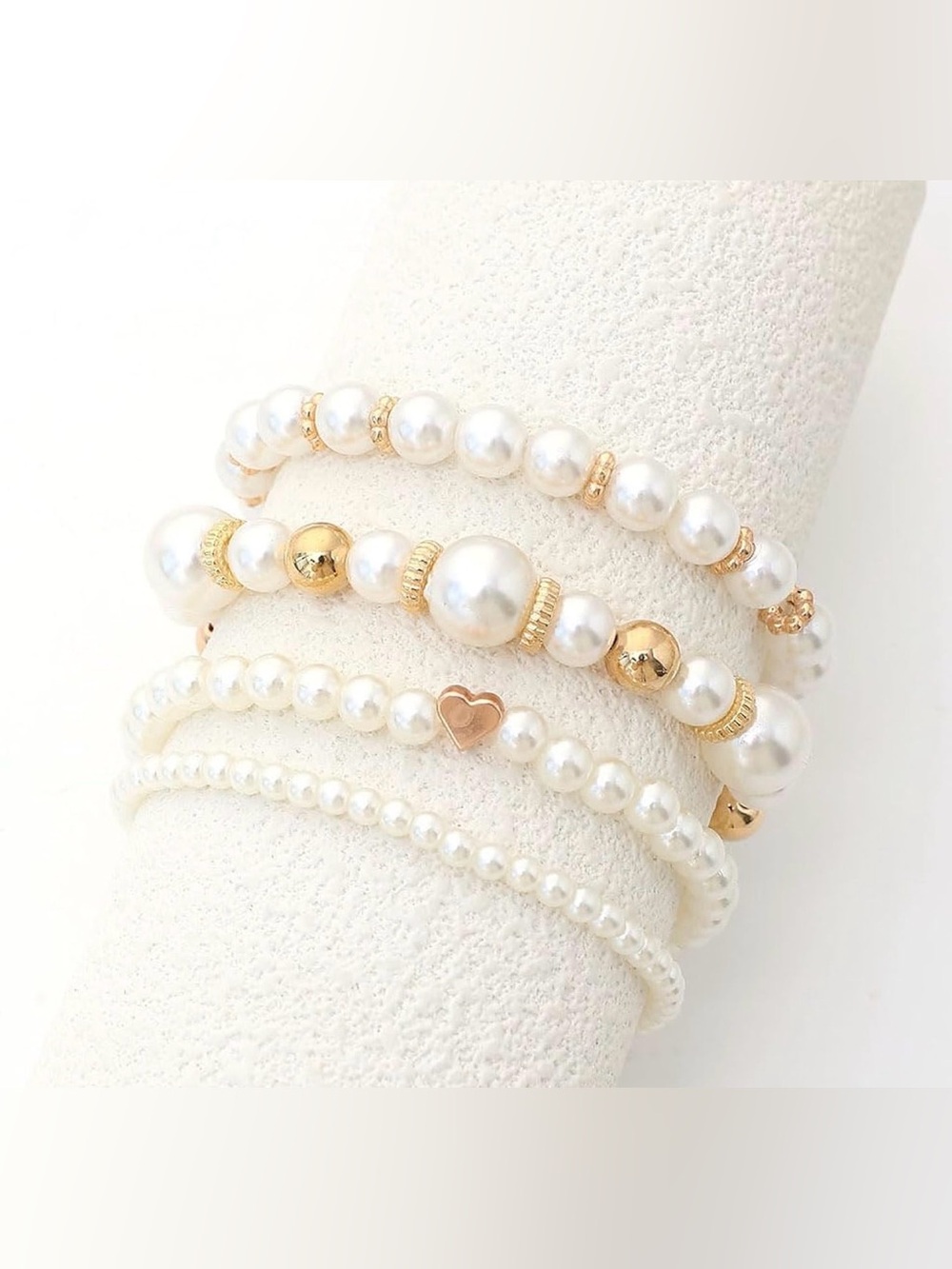 NEW Chunky Faux Pearl & Gold Bracelet Set - 4 Piece Stack - Romantic Boho - Picture 5 of 8